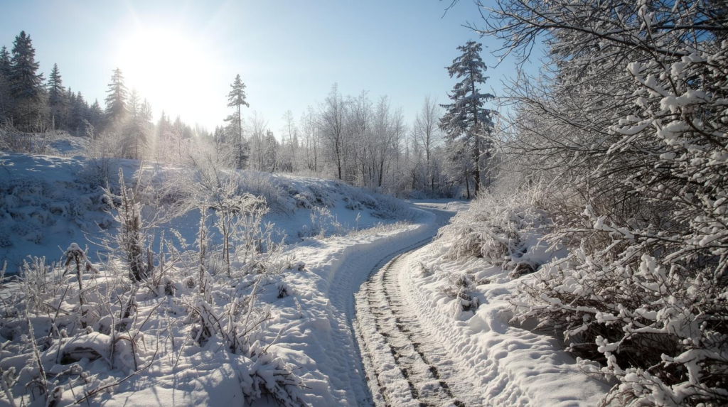 Winterliche Landschaft mit verschneitem Weg und tief stehender Sonne, die Ruhe, Klarheit und Entlastung im Dezember symbolisier